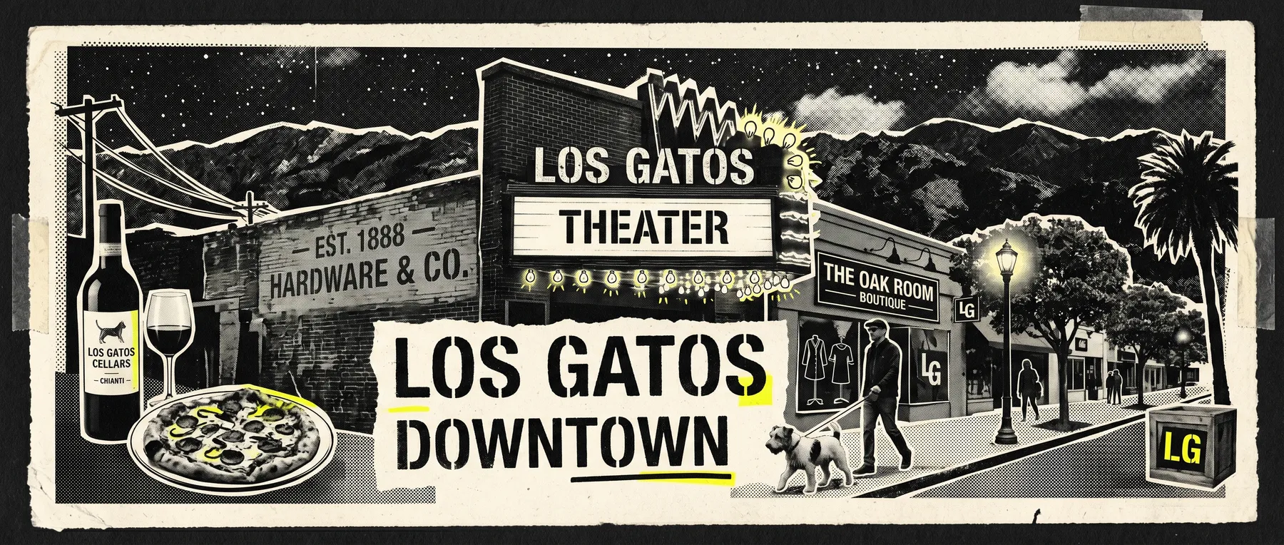 Downtown Los Gatos — late-night zine collage