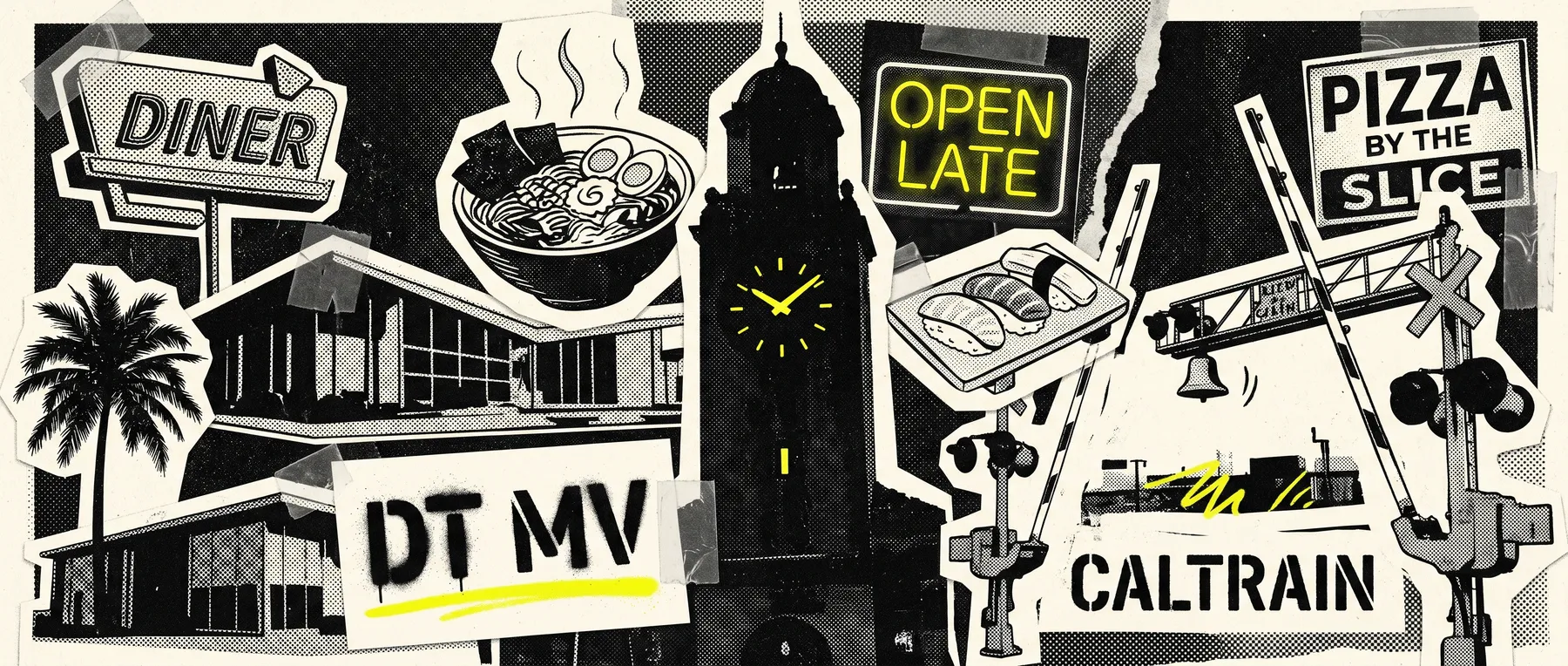 Downtown Mountain View — late-night zine collage