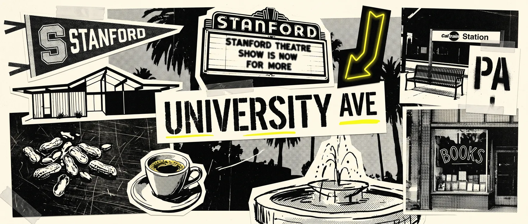 Downtown Palo Alto — late-night zine collage