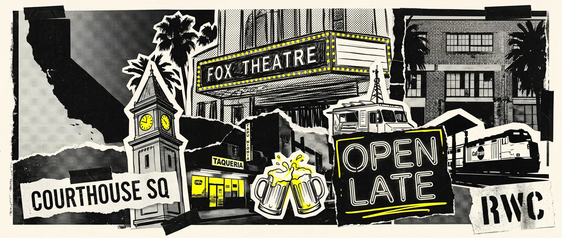 Downtown Redwood City — late-night zine collage