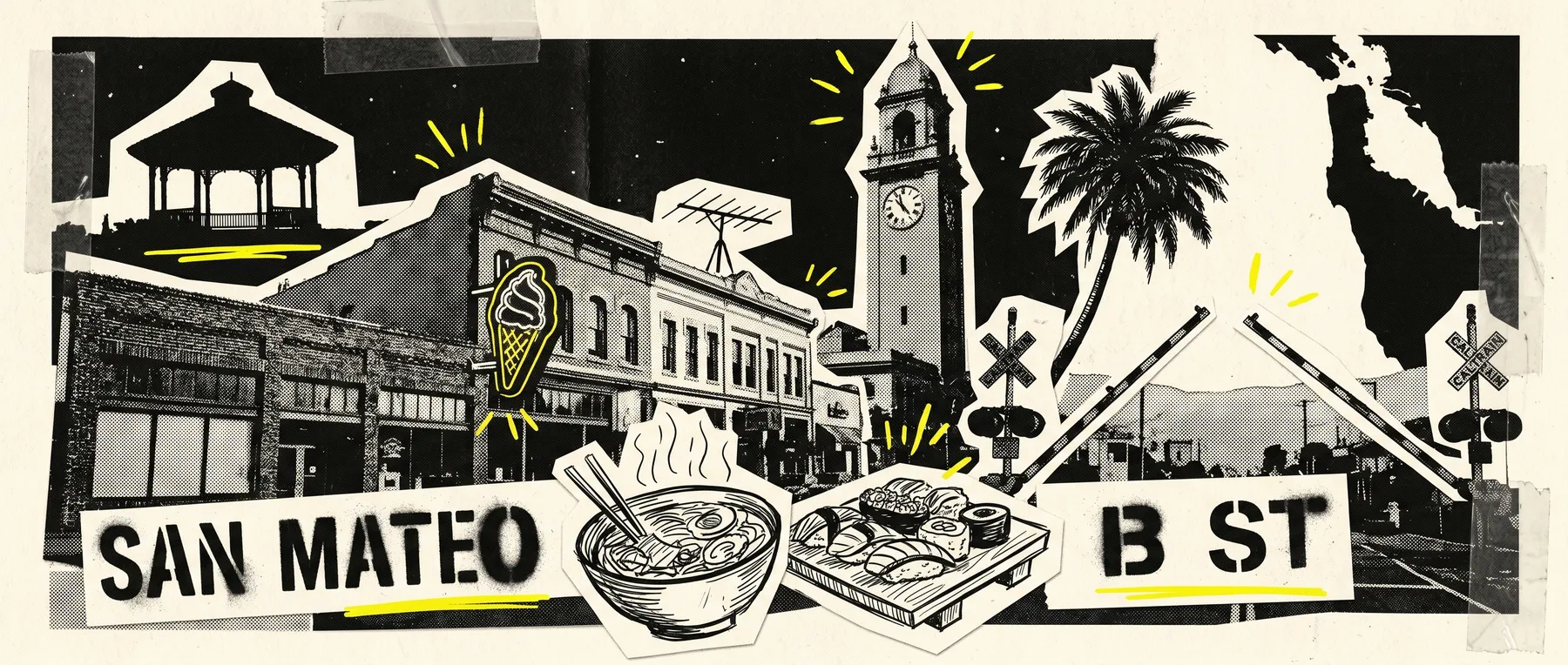 Downtown San Mateo — late-night zine collage