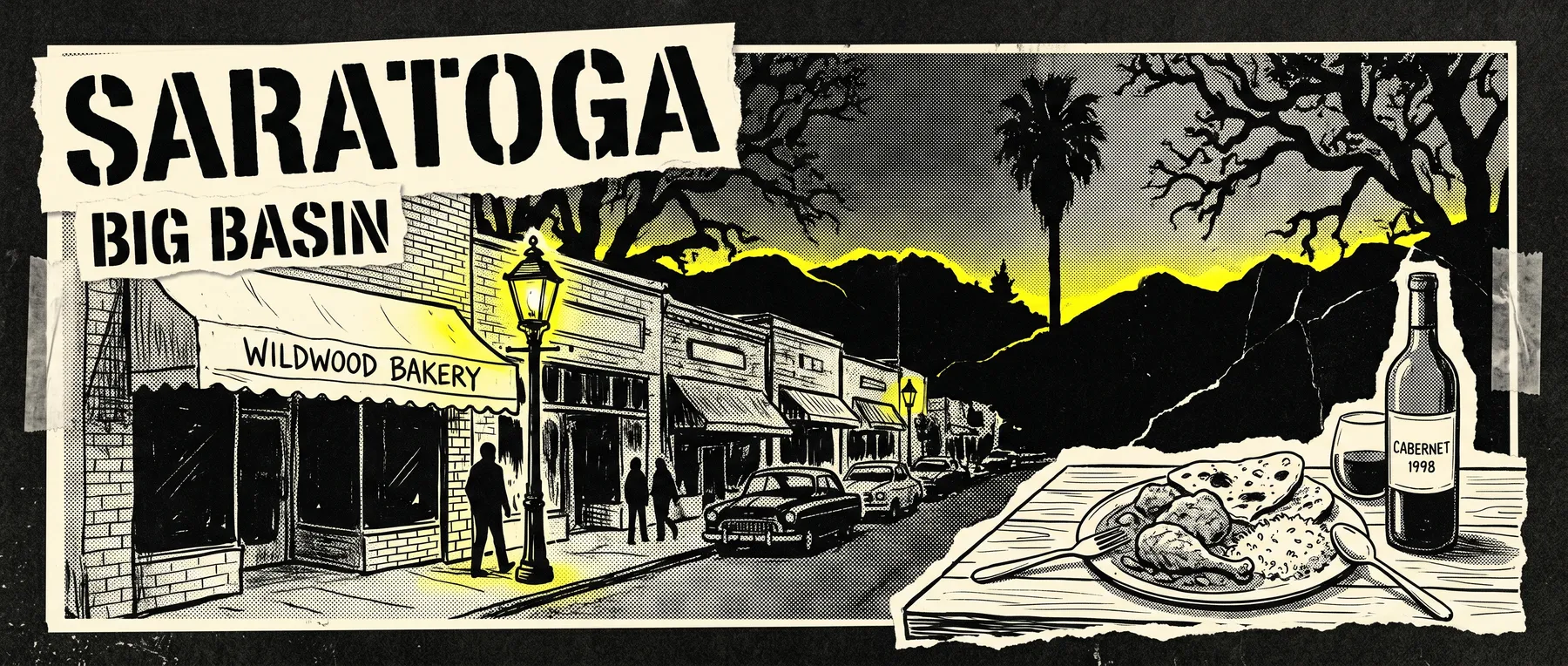 Downtown Saratoga (Big Basin Way) — late-night zine collage