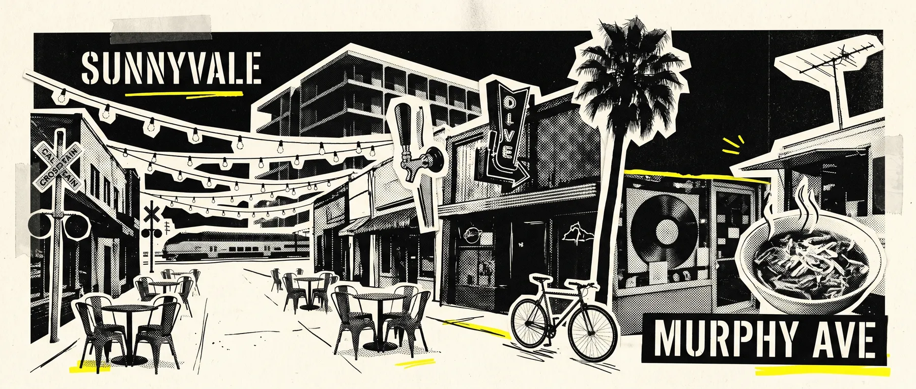 Downtown Sunnyvale (Murphy Ave) — late-night zine collage
