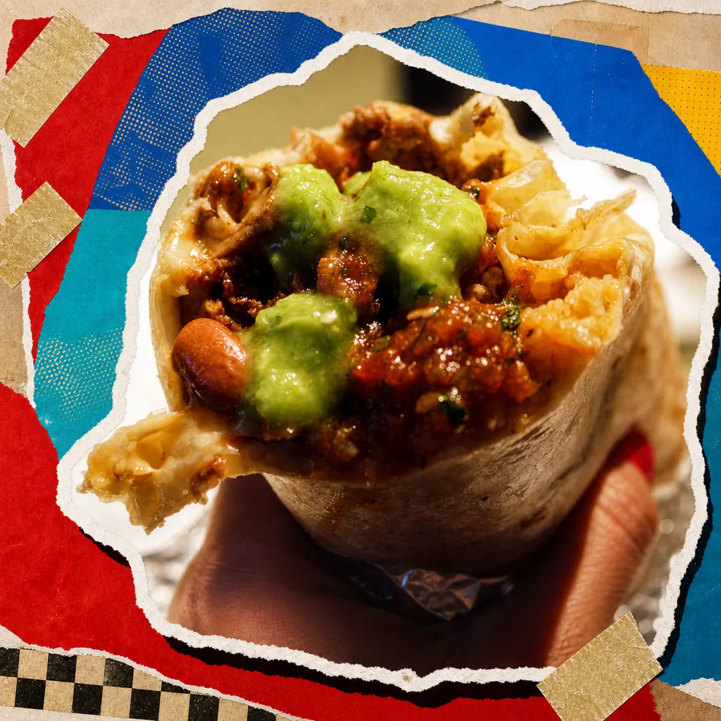 Taquería El Farolito — burrito cross-section · salsa + guacamole